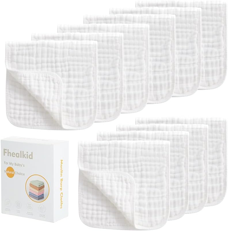Fhealkid Muslin Burp Cloths Sets Newborn Baby Boy Essentials Must Haves 100% Cotton 10 Pack 22" X 10",6-Layer Baby Bibs & Burp Cloths for Baby Drool and Messes - Soft, Safe & Gentle for Boys & Girls Multi - Image 1